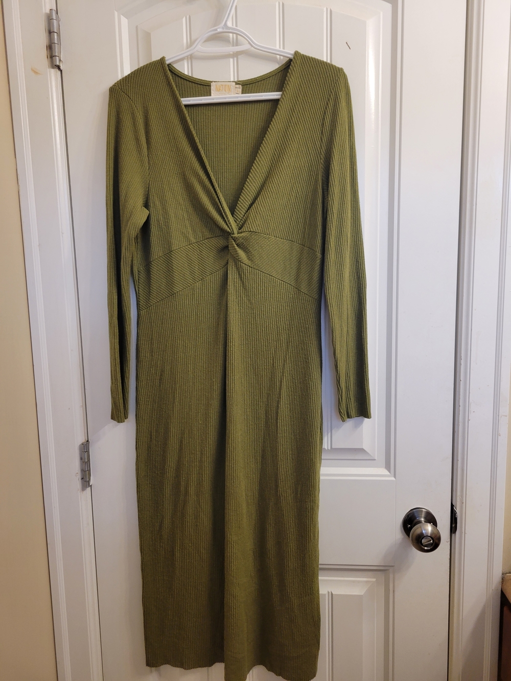 2/$25 Nation LTD Olive Green Ribbed Twist-Front Long Sleeve Midi Dress